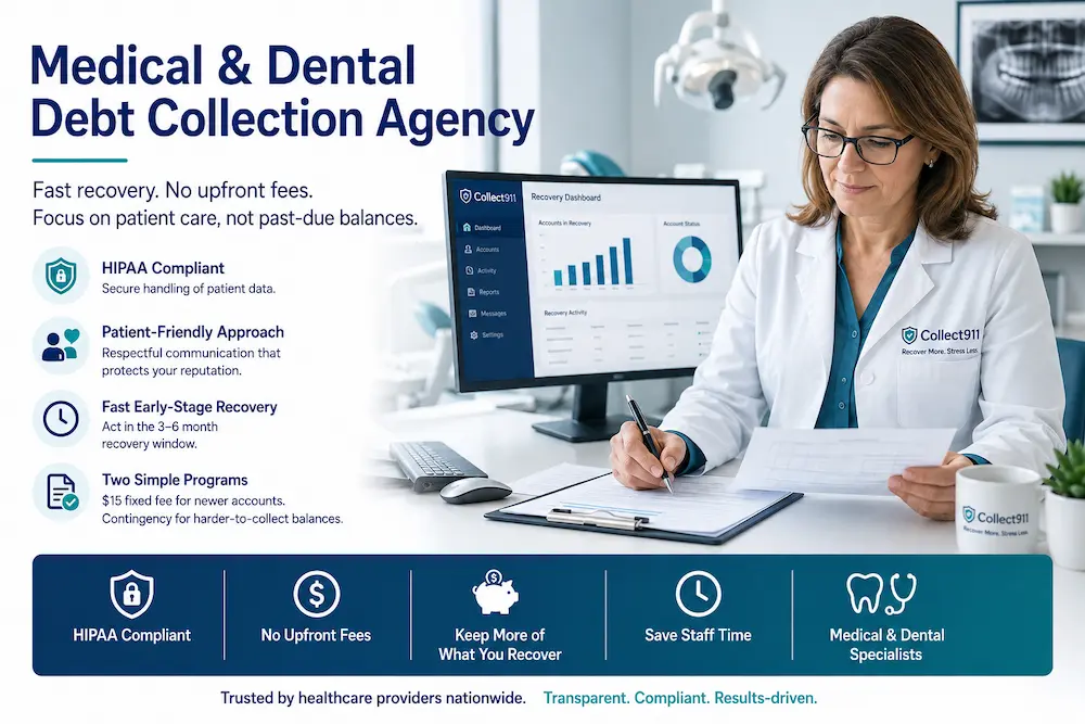Medical and dental debt collection agency providing HIPAA-compliant patient balance recovery