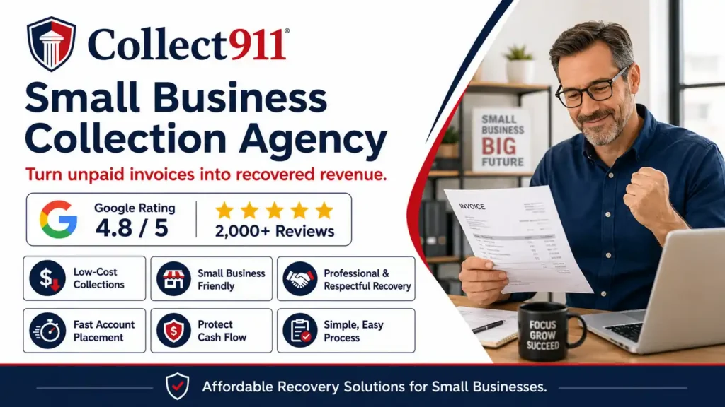 Collect911 small business collection agency offering low-cost, professional invoice recovery, with a 4.8 Google rating from more than 2,000 reviews