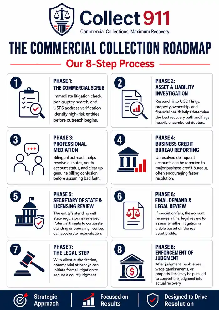 Collect911 infographic outlining an eight-step commercial collection process, from account screening and asset investigation to legal action and judgment enforcement.