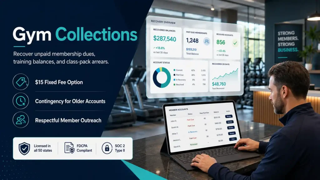 Gym collections service helping fitness centers recover unpaid membership dues, personal training balances, and class-pack arrears through fixed-fee and contingency recovery.
