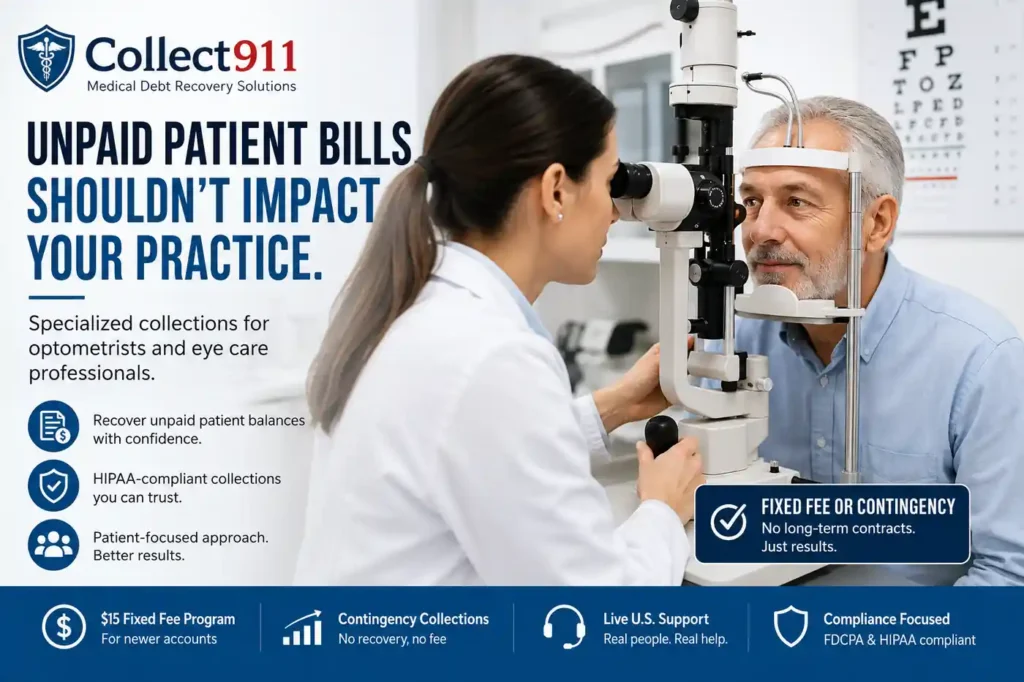 Optometrist collection agency helping eye care practices recover unpaid patient balances through HIPAA-compliant fixed-fee and contingency collections.