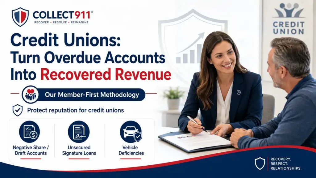 Collect911 credit union debt recovery graphic showing a member-first approach for negative share accounts, unsecured signature loans, and vehicle deficiencies/ Reputation protection approach.
