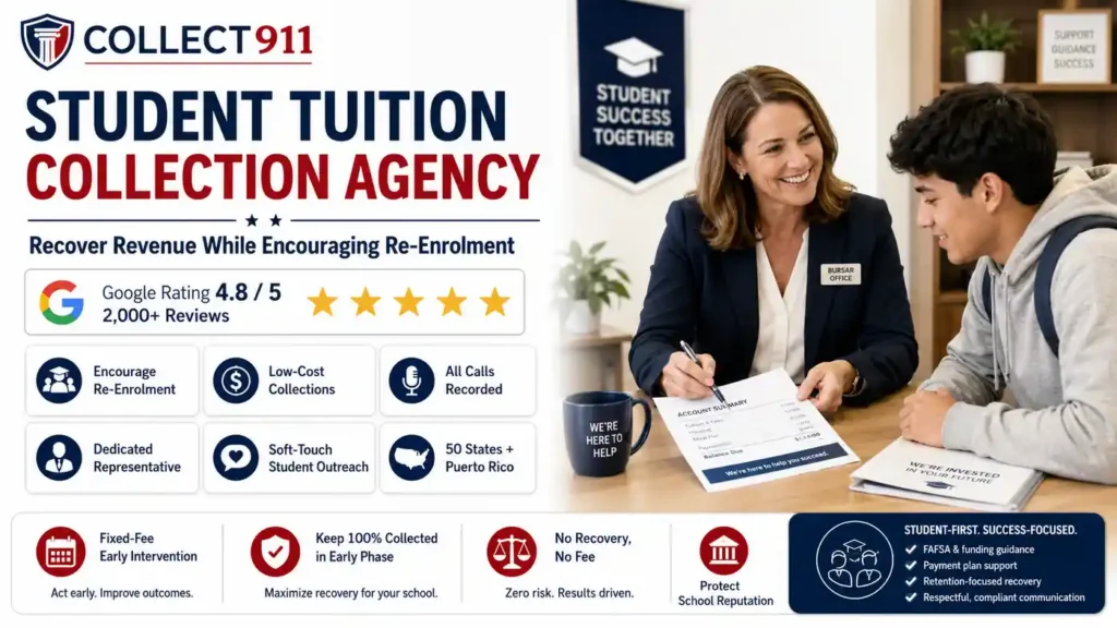 Collect911 student tuition collection agency helping colleges recover overdue balances while encouraging re-enrollment through low-cost, student-friendly collections and dedicated support.