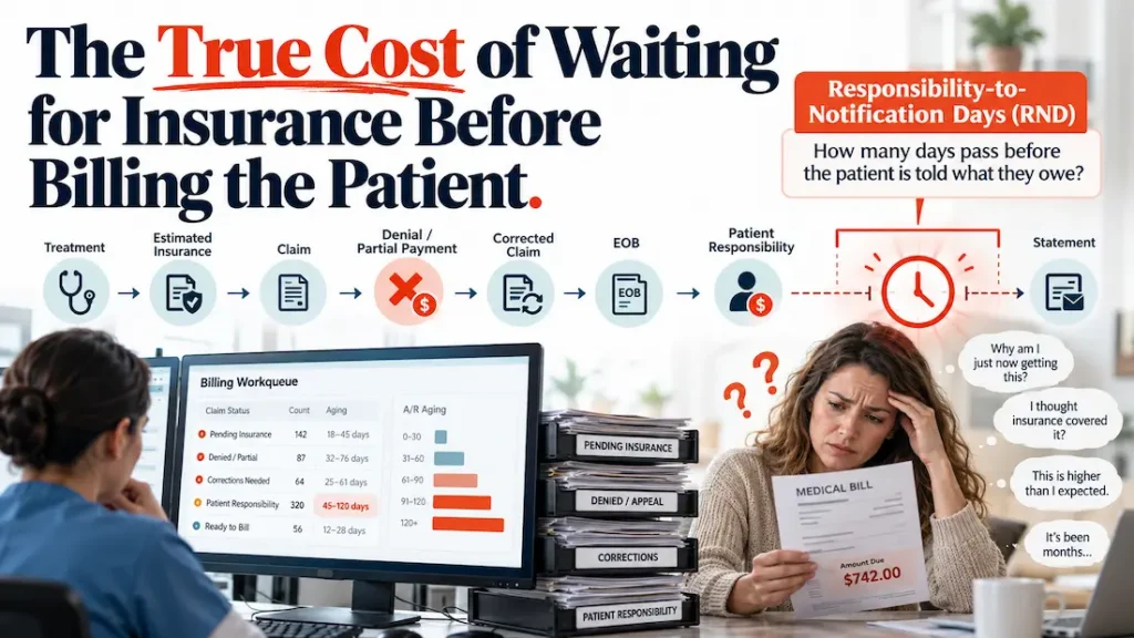 The true cost of waiting for insurance before billing the patient, showing the medical billing timeline and Responsibility-to-Notification Days.